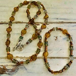 Flower Beach glass heart toggle necklace w matching bracelet